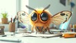 A cute and fluffy moth sits on a desk, looking at the camera with big, curious eyes. It has soft, fuzzy fur and delicate wings.