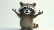 3D rendering of a cute and fluffy raccoon standing on its hind legs with its paws in the air.