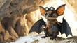 A cute cartoon bat wearing a mining helmet and goggles is sitting on a rock in a cave.