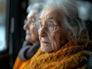 Wall Mural - Pensive serious thoughtful very old senior ladies looking away