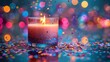  a lit candle sitting on top of a table next to confetti and confetti sprinkles on a blue and pink and purple background with multicolored lights.