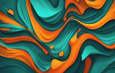 Wall Mural - Abstract background of the liquid paint in blue orange and green colors, Vibrant fantasy shapes flow in blurred motion abstract background