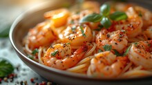  A Close Up Of A Bowl Of Pasta With Shrimp And Basil Sprinkled On The Top Of The Pasta And Garnished With Seasoning On The Side.