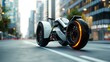 A 3D rendering of a futuristic motorcycle with three wheels. 