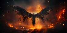 Artistic Image Depicting Fallen Angel In Fiery Inferno With Dark Wings. Concept Dark Fantasy, Fallen Angel, Fiery Inferno, Artistic Image, Dark Wings