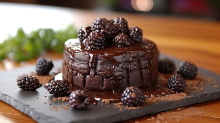 Wall Mural -  a chocolate cake with chocolate frosting and blackberries on a slate platter next to a leaf of green leaves on a wooden table with a blurry background.