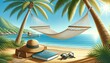 A beach holiday setting with a hammock tied between palm trees, overlooking a tranquil sea, embodying the essence of a relaxing summer getaway. AI Generated