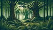 An illustration of a dense forest setting, where tall, ancient trees create a canopy overhead, and sunbeams cast dappled light on the forest floor adorned with ferns and wildflowers. AI Generated