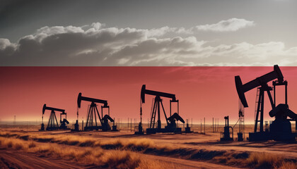 Oil production in the Poland. Oil platform on the background of the Poland flag. Poland flag and oil rig. Poland fuel market.