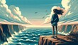 An illustration of a teenage girl standing at the edge of a cliff, overlooking the vast ocean, symbolizing her introspection and feelings of solitude. AI Generated