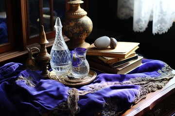 Magician setting up mystical accessories on a table for an enchanting magical ritual