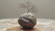  a rock with a small tree growing out of it on top of a marble table with a light colored wall in the backround of the room behind it.