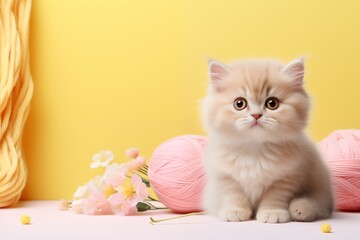 Poster - Closeup cute cat and pastel yarn roll on blurred soft yellow background