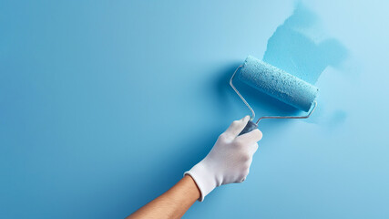 Wall Mural - Hand painting wall with roller brush. Person applying bright blue paint to a wall with a roller. Banner template with copy space. Home improvements, renovations background texture.