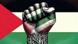 A detailed hand raised in a gesture of unity, strength, or protest set against the Palestinian flag, emphasizing solidarity and national pride. AI Generated