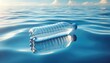 Clear plastic bottle floating on calm blue water, reflecting the sky above. The bottle is slightly tilted, with a portion submerged in water.  AI Generated