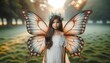 Photo of a young girl with diverse descent, standing gracefully with large, delicate butterfly wings emerging from her back, set against a dreamy outdoor background. AI Generative