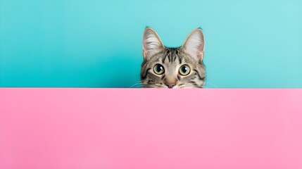 Wall Mural - Creative animal concept. cat peeking over pastel bright background. advertisement, banner, card. copy text space. birthday party invite invitation