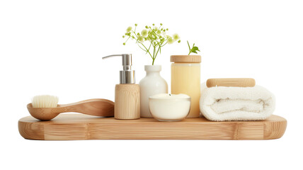 cut-out natural and sustainable / eco friendly cosmetics, set of containers and bathroom accessories, natural beauty, spa and lifestyle elements on a wooden board.