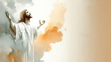 Fototapeta Panele - Jesus Christ in worship in front of a watercolor background with copy space.