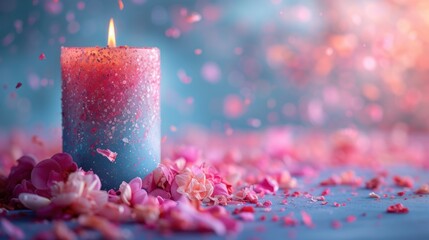  a lit candle surrounded by pink flowers on a blue surface with a boke of pink petals on the floor and a blurry background of boke of pink and blue.