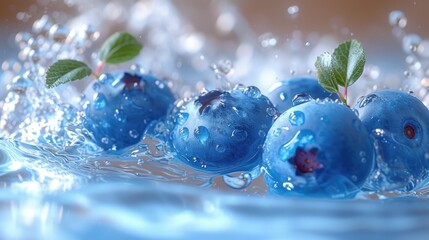  a group of blueberries floating in water with a green leaf on the top of one of the blueberries and water droplets on the bottom of the blueberries.