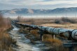 A train with multiple cars is seen traveling through a picturesque rural countryside on a clear day, Industrial pipelines over a dried-up riverbed, AI Generated
