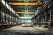 This photo showcases a vast warehouse space filled with a variety of machinery and equipment, Interior of a fully automated construction factory, AI Generated