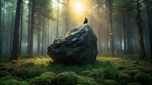 Crow Standing On A Large Rock In The Middle Of The Forest With A Background Of Trees And Green Grass