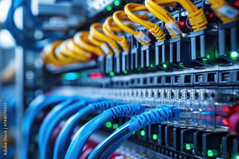 A photo showing a server rack with numerous wires connected to it ...