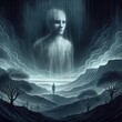 Ghostly, ethereal figure in a dark, surreal landscape. The semi-transparent figure has a somber expression, set against a blurred and shadowy backdrop. AI Generated