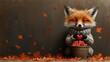  a painting of a fox in a sweater holding a heart shaped object in front of a pot with leaves on the ground and a wall behind it is a brown background.