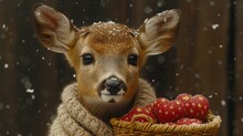  A Deer With A Scarf Around Its Neck Holding A Basket Of Strawberries In Front Of A Fenced In Area With Snow Falling On The Ground And Behind It.