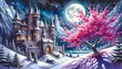 A fairy tale castle on a snowy hill, accompanied by a vibrant pink blossom tree under the radiant full moon. AI Generated