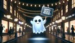 A friendly ghost floating in a nighttime shopping street, holding a sign that reads 'Happy Black Friday!'. AI Generative