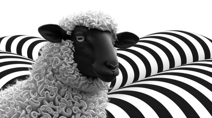  a black and white photo of a sheep standing in front of a group of black and white striped wallpaper, with a black and white stripe pattern behind it.