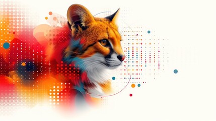  a close up of a fox's face on a white background with multicolored circles around it and a red, orange, blue, yellow, orange, and white, and black, and red design.