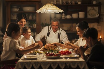 Wall Mural - A diverse group of individuals gathered around a table, enjoying a meal together and engaging in conversation, Italian family gathering around a Sunday dinner, AI Generated