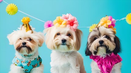 Wall Mural - Creative animal concept. Havanese dog puppy in a group, vibrant bright fashionable outfits isolated on solid background advertisement, copy text space. birthday party invite invitation banner