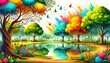 An illustrated background set in a park with nature elements adorned with Holi colors. AI Generative