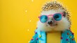 Creative animal concept. Porcupine in glam fashionable couture high end outfits isolated on bright background advertisement, copy space. birthday party invite invitation banner