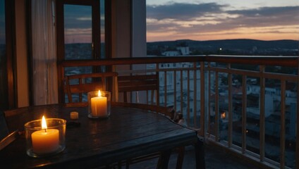 Wall Mural - view on the balcony with the evening sun, sunset. There are candles and a romantic atmosphere on the balcony