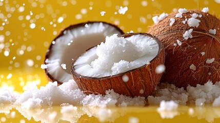Wall Mural -  a couple of coconuts sitting next to each other on top of a pile of sea salt on a yellow surface with white flecks scattered on the ground.
