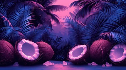  a group of coconuts sitting on top of a beach next to a forest of palm trees on a purple and blue background with a pink light in the middle.