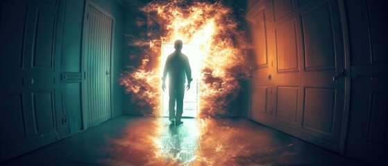 Wall Mural - a man standing in an open doorway with a lot of fire coming out of the door and a lot of fire coming out of the door.