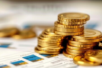 Poster - A stack of shiny gold coins sits in a neat pile on top of a wooden table, Macro shot of gold coins and financial documents, symbolizing wealth and profit, AI Generated