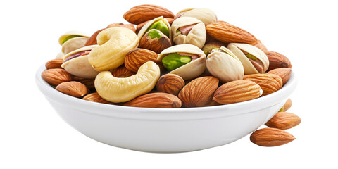 bowl of mixed nuts almonds cashew pistachio, isolated on transparent  background