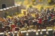 A photograph showcasing a dynamic scene of a multitude of toy soldiers riding on horseback in a playroom, Medieval battle waged on the nanoscale, AI Generated