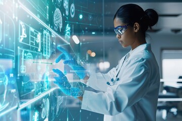 Poster - A female scientist, wearing a lab coat and glasses, engages in research and analysis on a digital screen, Medical professionals using biotech interfaces, AI Generated