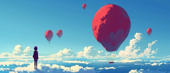 Wall Mural - a painting of a person standing in the clouds looking at a hot air balloon that is floating in the sky.